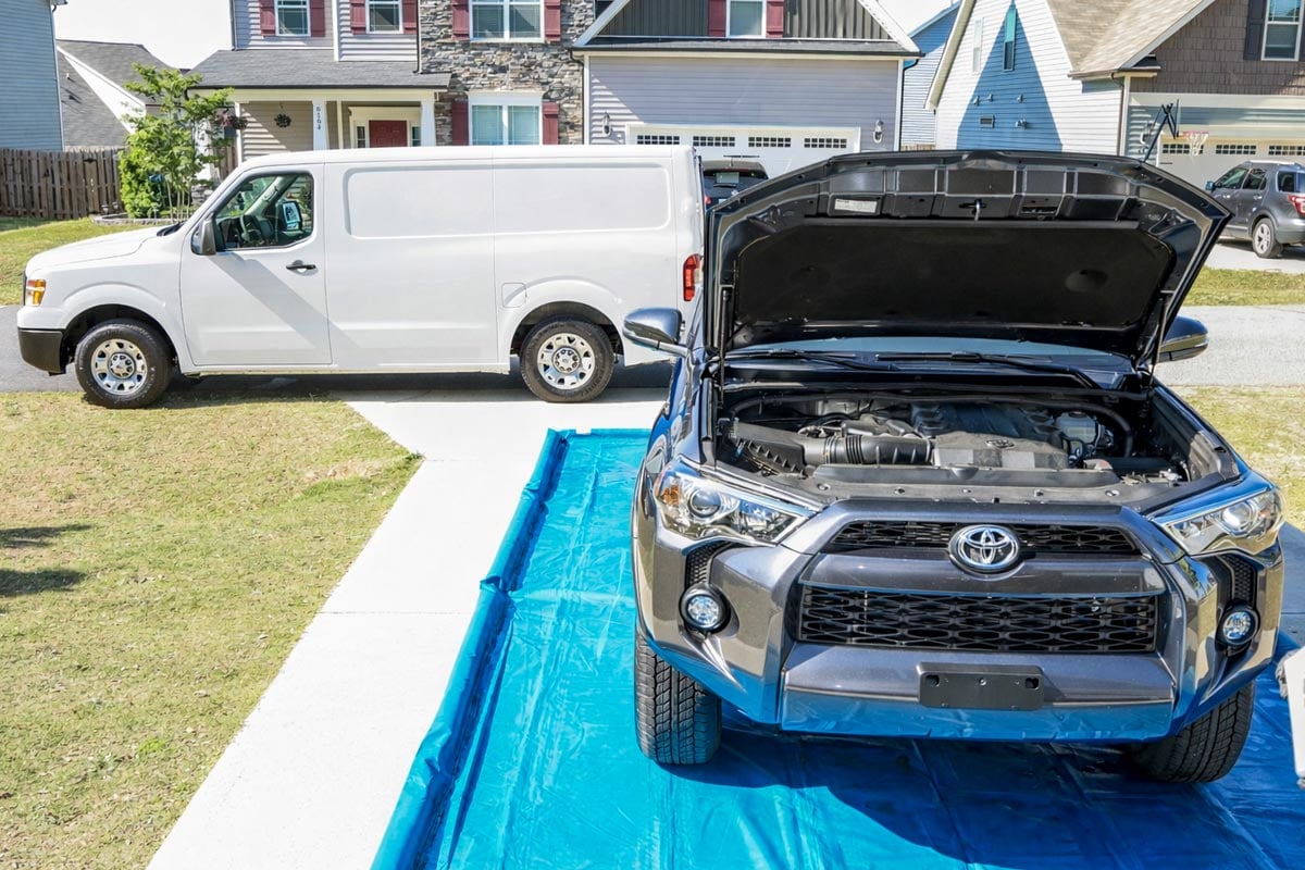 Mobile oil change in a residential neighborhood