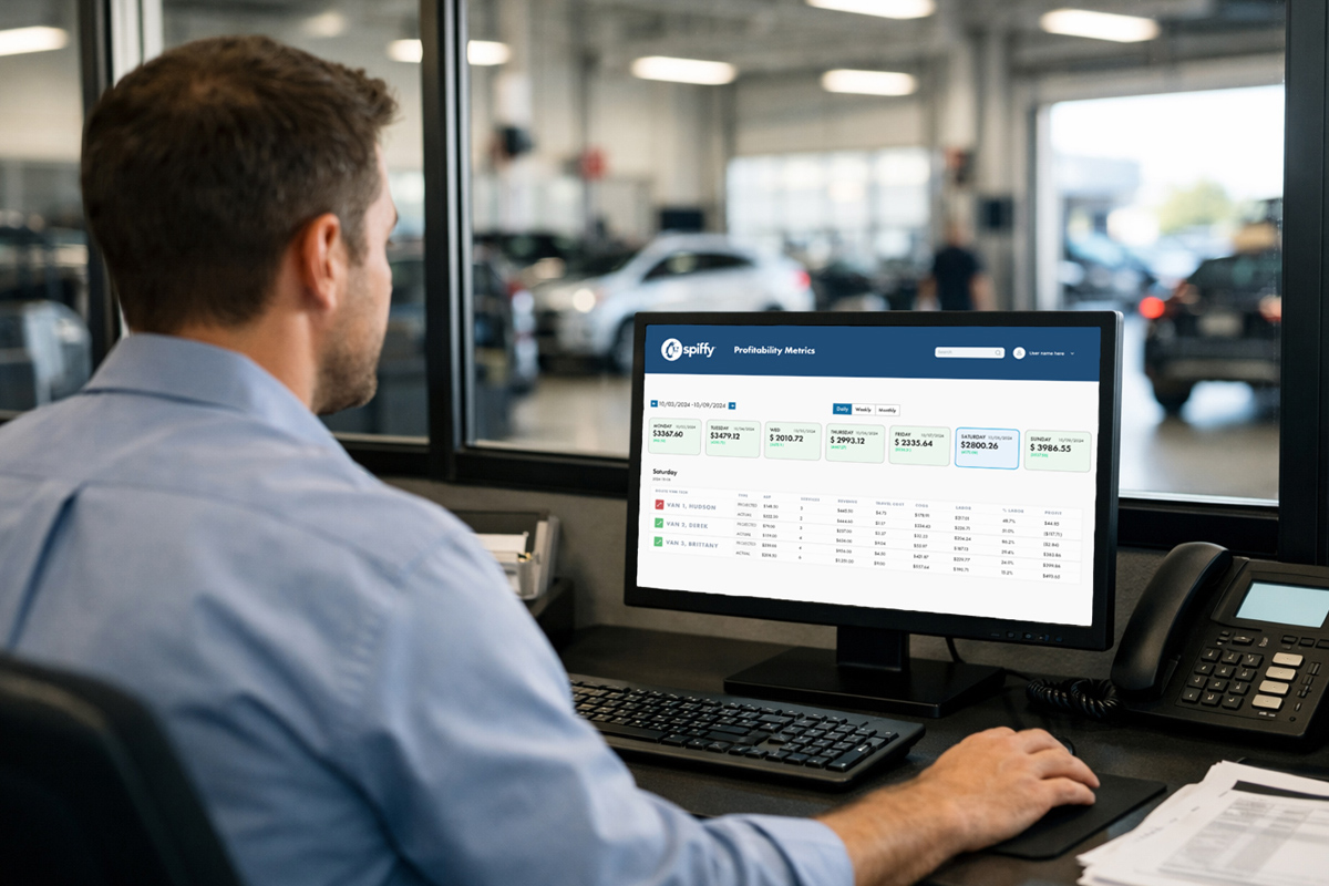 A service advisor working on mobile serivce profitability metrics using Spiffy's software