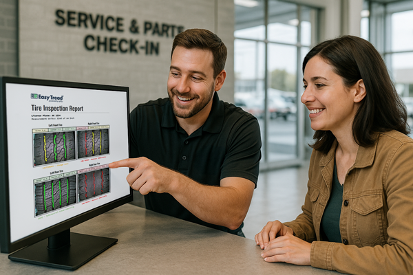 Service advisor showing a customer their tire inspection report.